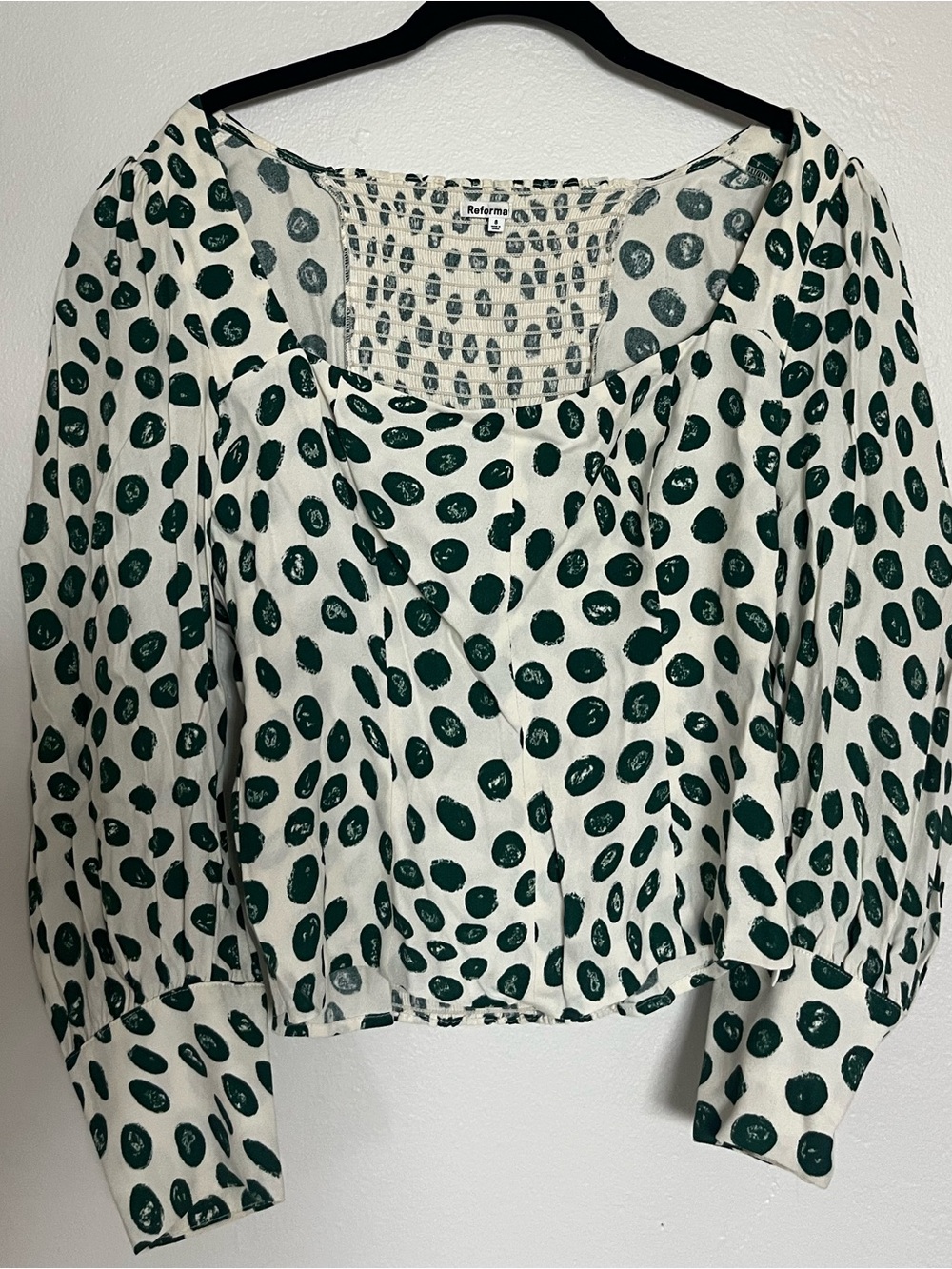Reformation Cream Green Dot Puff Sleeve Smocked Back Square Neck Top Size 8
